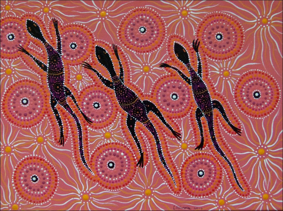 Aboriginal artwork of three lizards on a red background