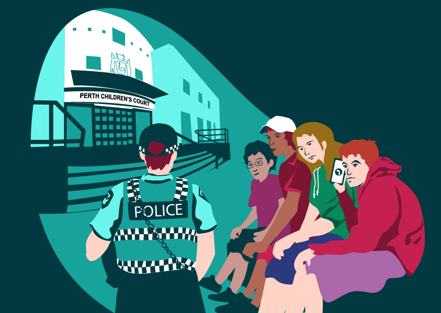 illustration of young people sitting, Perth Children's Court in the background, a police officer in the foreground