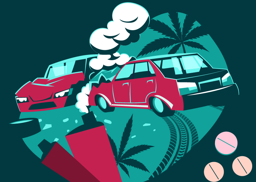 illustration of a car crash, vapes and drugs