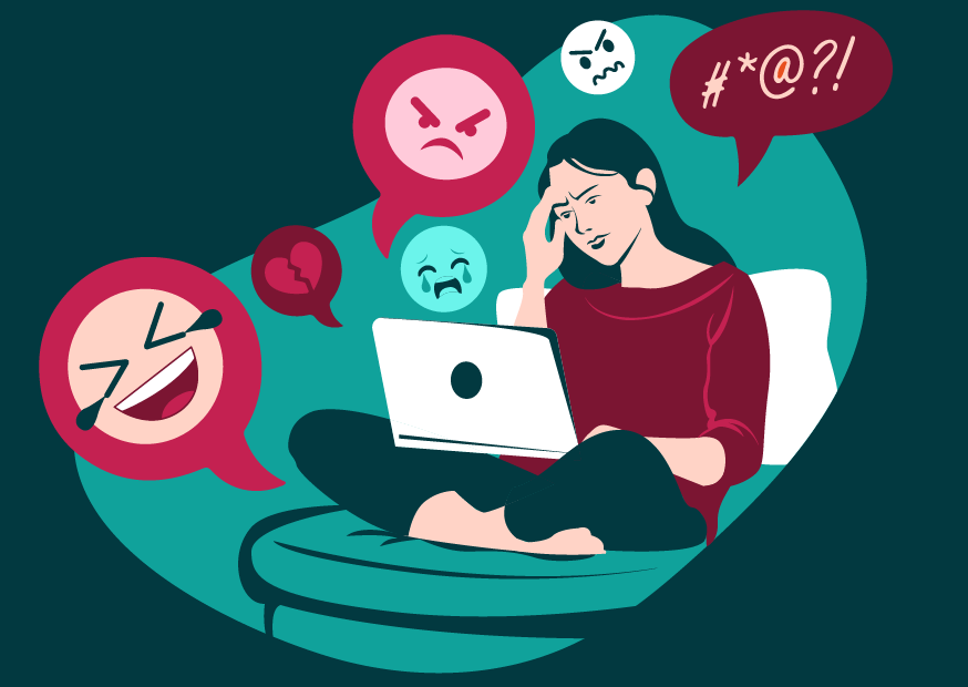 illustration of a person sitting cross-legged with laptop on their lap, head in hand, surrounded by emojis