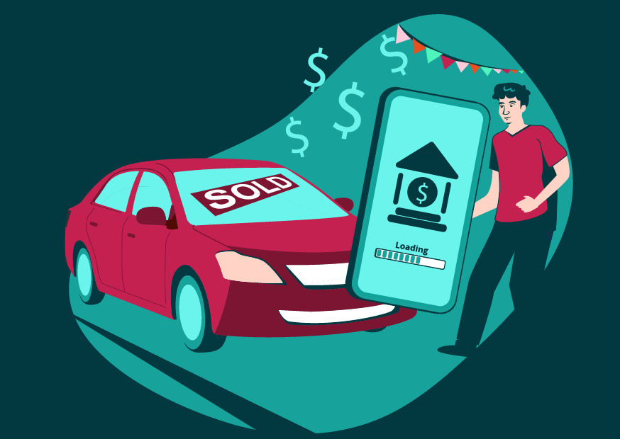 illustration of person walking, car with SOLD sign on windscreen, mobile phone with bank logo on screen, dollar signs in background