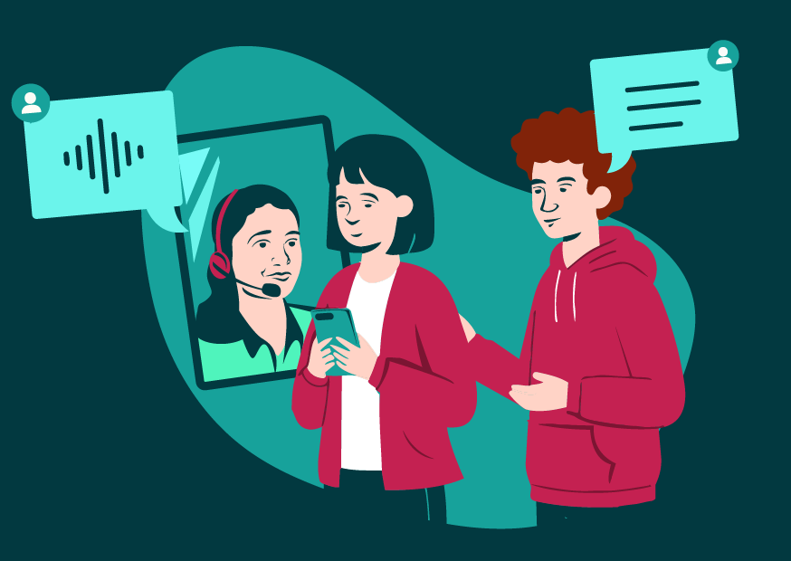 illustration of person holding mobile phone being comforted by someone, a person on a headset is in the background, scattered speech bubbles 