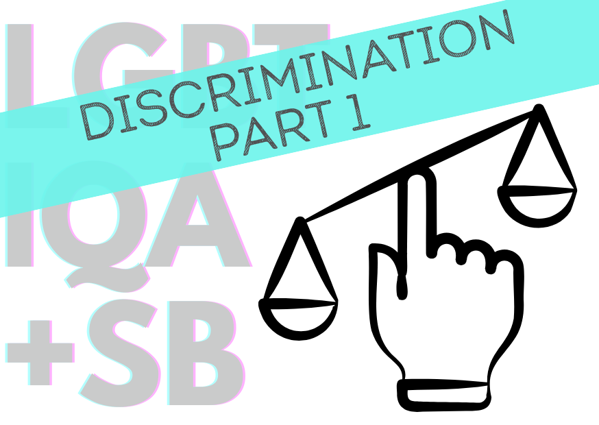 Blue banner with the words 'Discrimination Part 1' beside a line drawing of scales balanced on a fingertip. Background has the LGBTIQA+SB acronym in pale grey.