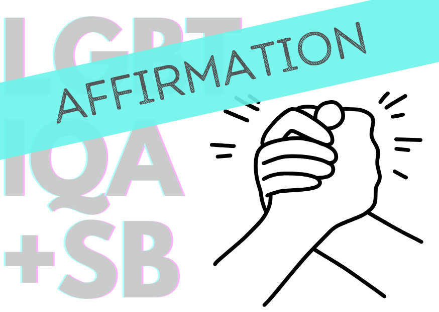 Blue banner with the words 'Affirmation' above a line drawing of two hands clasped together. Background has the LGBTIQA+SB acronym in pale grey.
