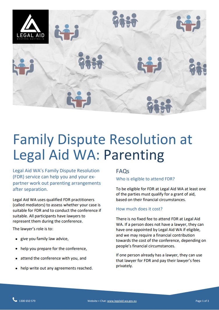 Thumbnail of Family Dispute Resolution at Legal Aid WA Parenting factsheet