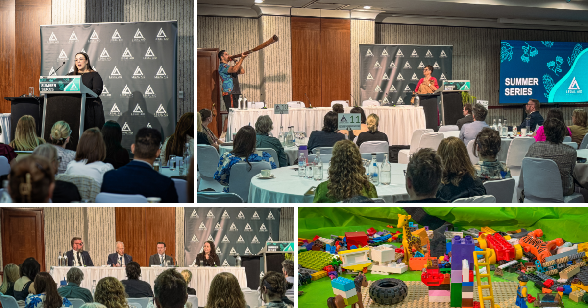 Collage of four photos from Summer Series 2026: a presenter profile, a Welcome to Country, a seated panel and Lego pieces. 