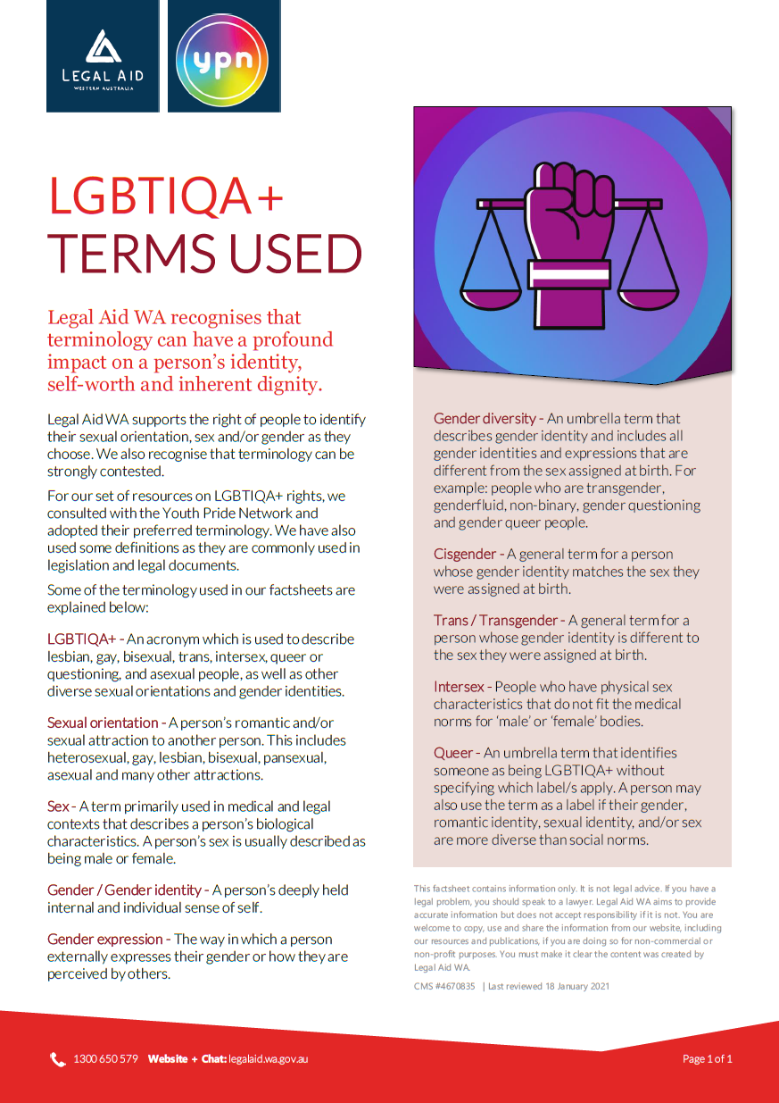 Cover of LGBTIQA+ factsheet about LGBTIA+ words and terms