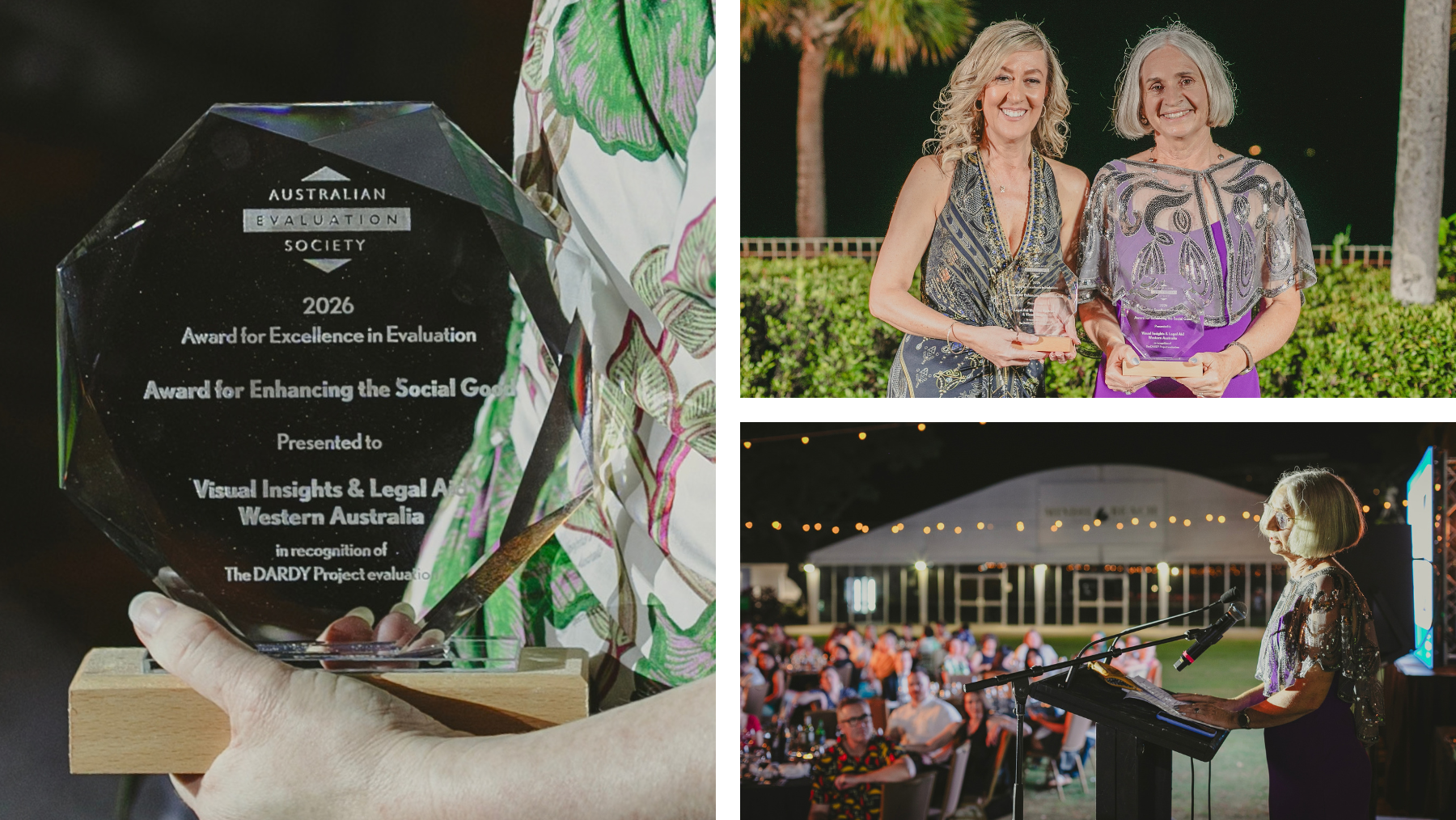 Collage of 3 photos: 1 of the crystal award, 1 of the award held by 2 female recipients, 1 of one of the recipients at a podium doing a thank you speech to a seated outdoor audience at night