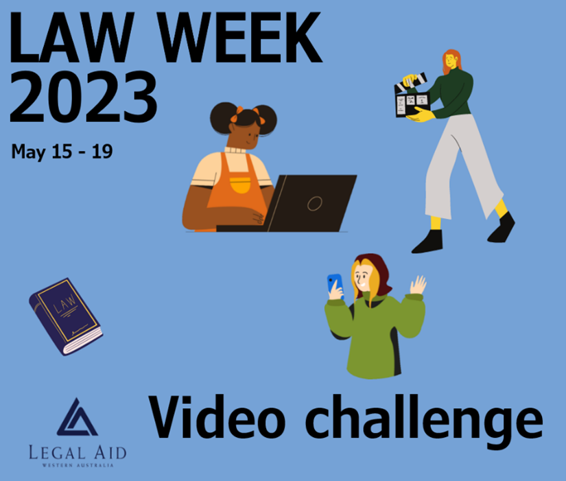 Cartoon style images of young people working on a video project. Text "Law Week 2023 Video challenge"