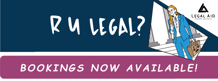 Words 'R U Legal' next to drawing of female lawyer with blonde hair carrying briefcase and file of documents.